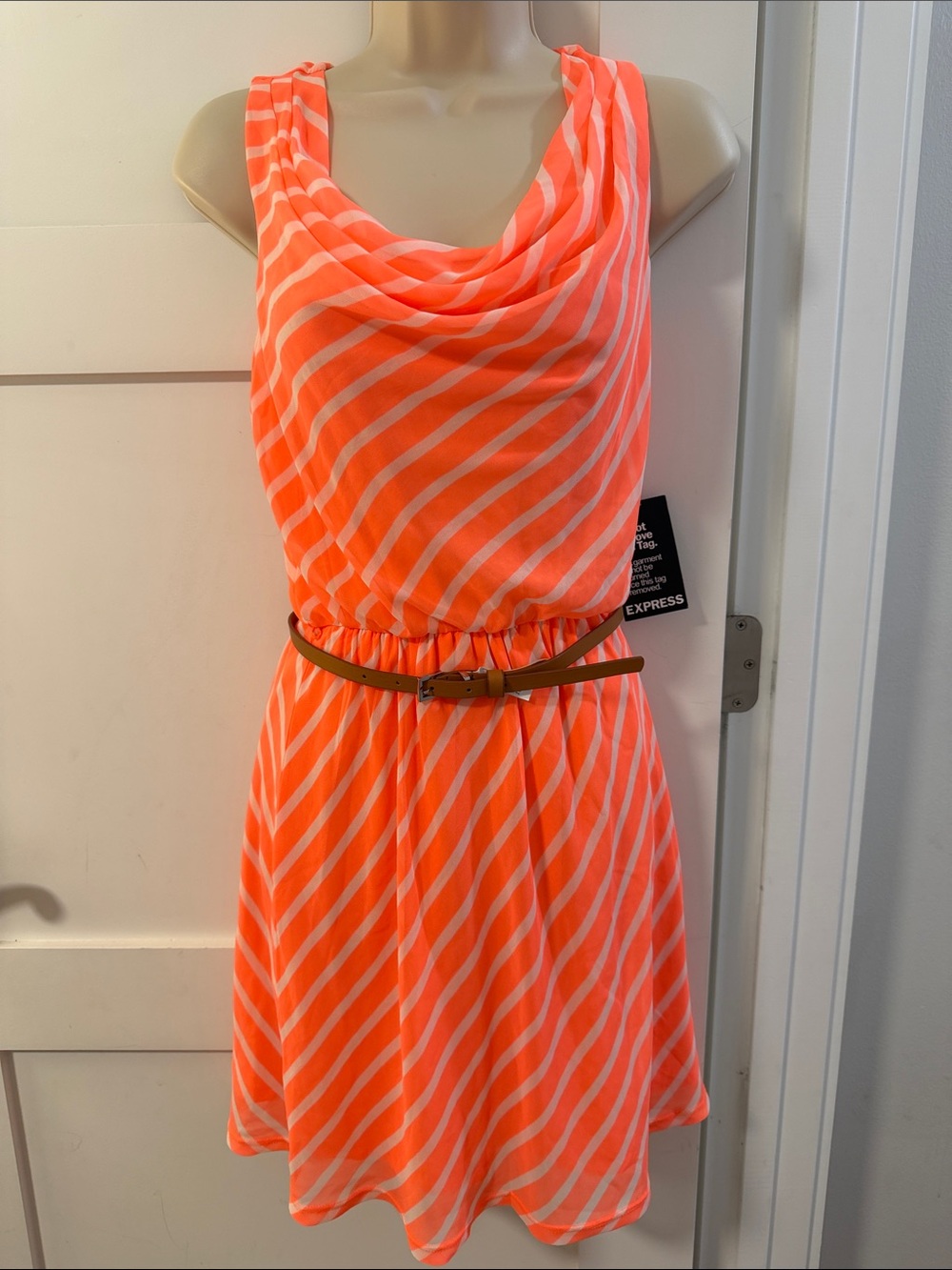Express Coral and White Striped Sleeveless Dress